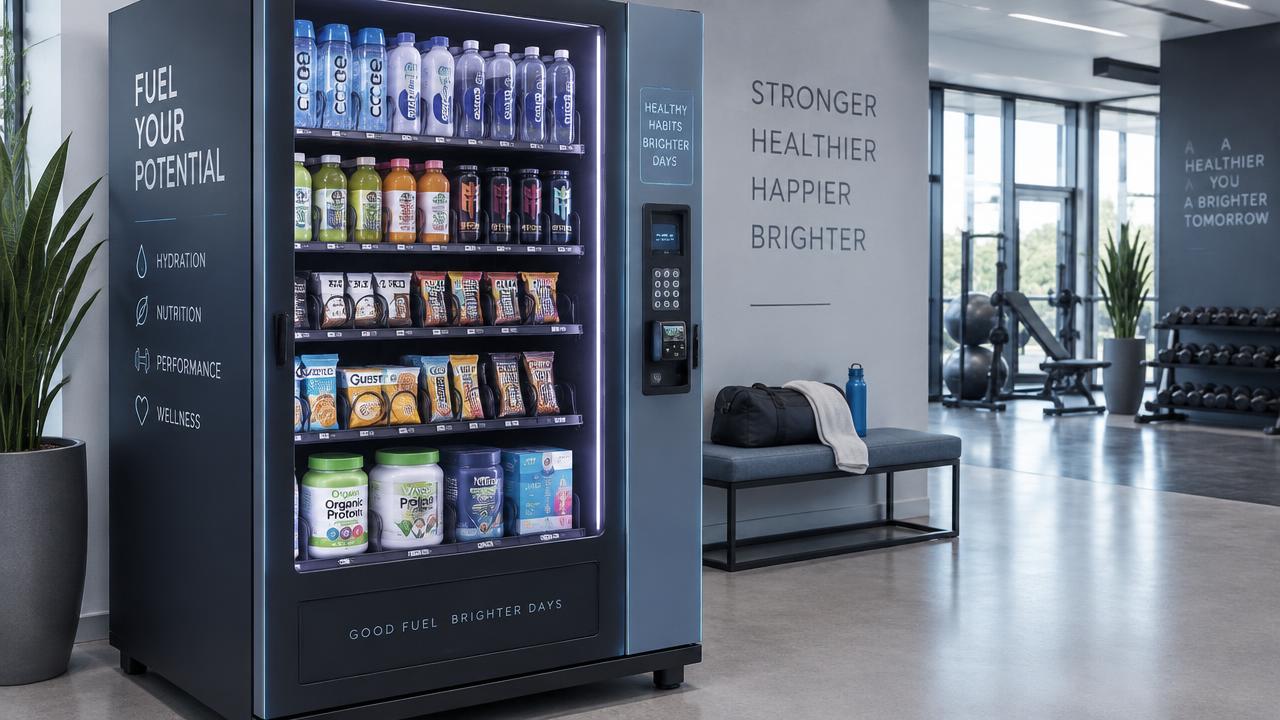 Modern vending machine stocked with healthy hydration and nutrition products