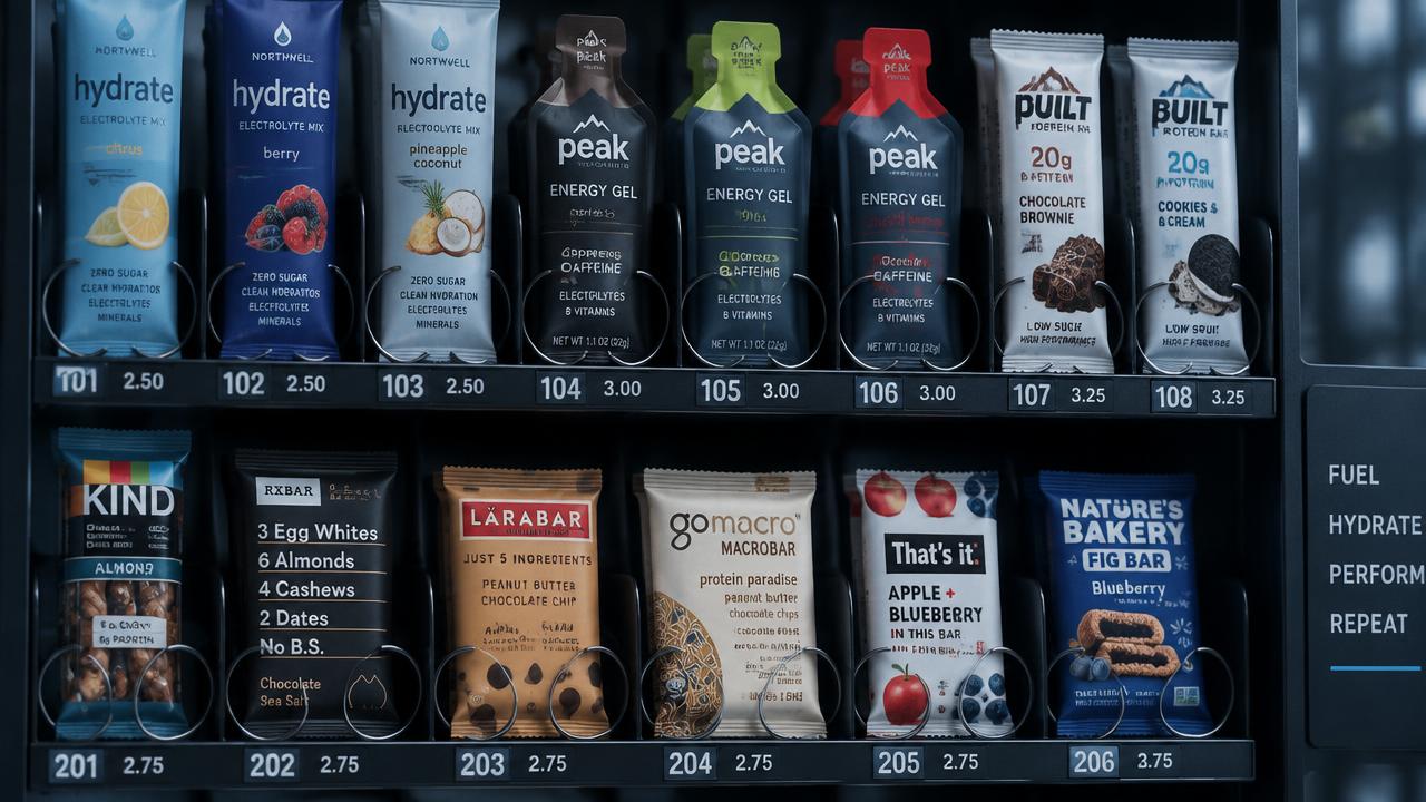 Close-up of vending machine shelves with hydration packets, energy gels, and healthy snack bars